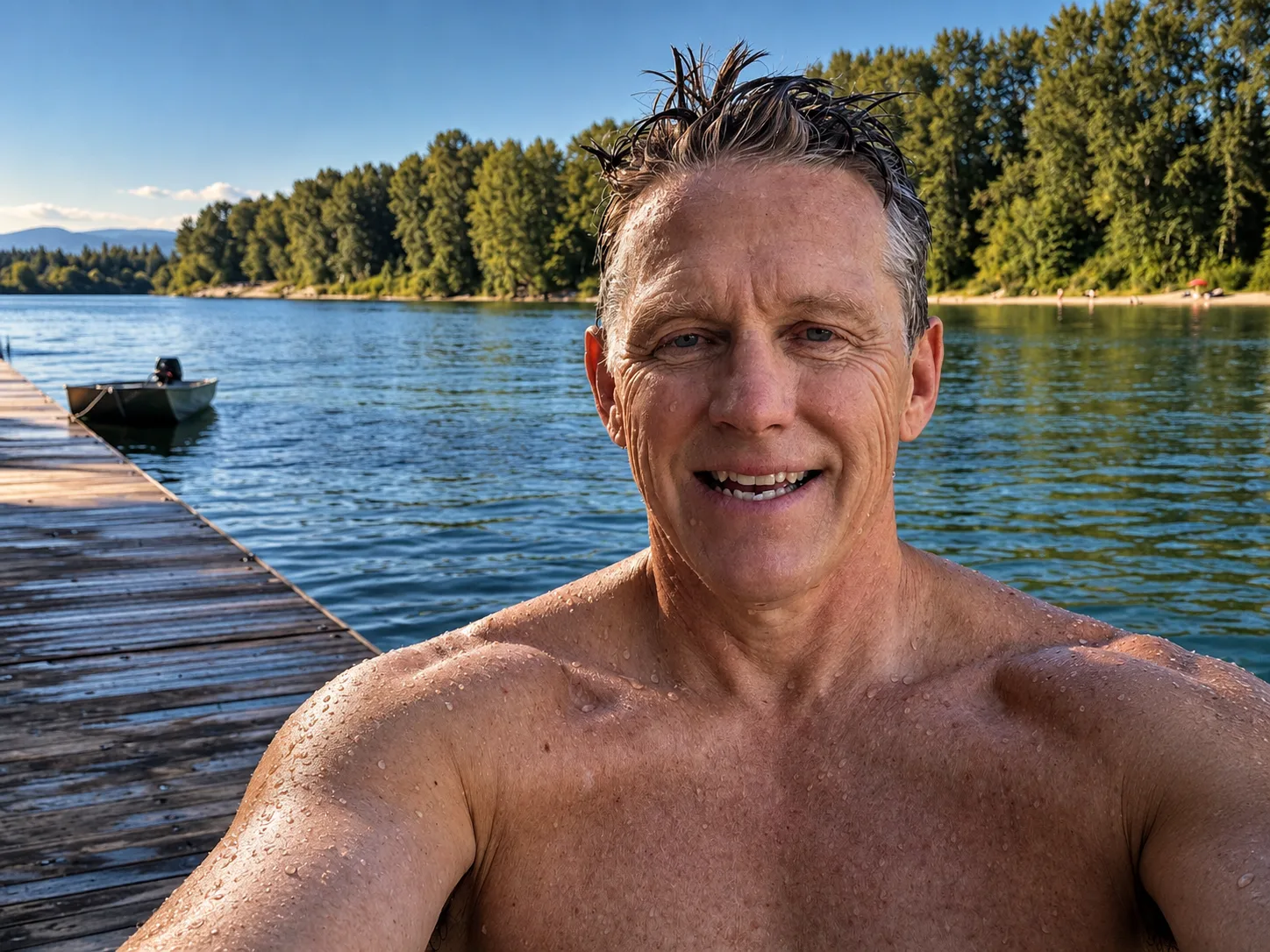 A calm lake beside a wooden dock on a sunny morning